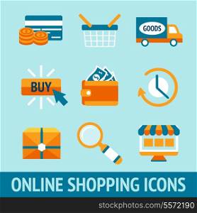 Colored pixel icons set for online shopping of wallet delivery truck credit card cash vector illustration