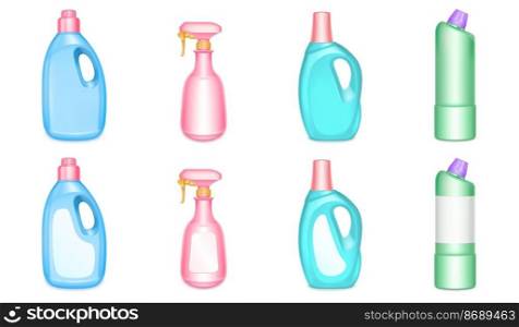 Colored plastic bottles for household chemicals, detergent and cleaners. Vector realistic mockup of 3d blank containers with soap and cleansers for toilet and bath isolated on white background. Plastic bottles for household chemicals, cleaners