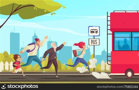 Colored poster illustrated running people lagging behind bus at city landscape background cartoon vector illustration