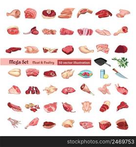 Colored poultry and meat elements set with cutting pork beef chicken parts and kitchen tools isolated vector illustration. Colored Poultry And Meat Elements Set