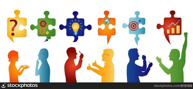 Colored profile people gesturing. Puzzle pieces with problem solving symbols. Business solution. Concept problem solving team. Strategy and success. Client service