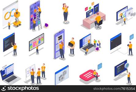 Colored programming coding development isometric icon set with coding advertising meetings and other themes vector illustration