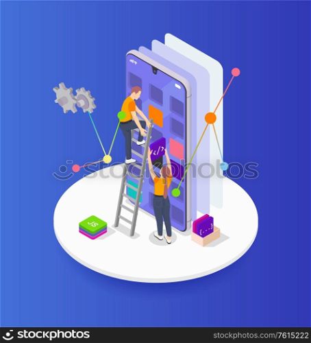 Colored programming coding development isometric with abstract programmers build algorithm vector illustration