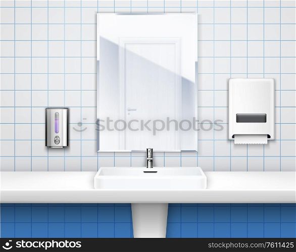 Colored public toilet interior concept with washbasin mirror and soap in the bright restroom vector illustration