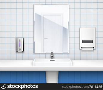 Colored public toilet interior concept with washbasin mirror and soap in the bright restroom vector illustration