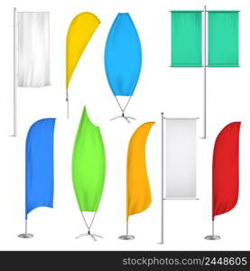 Colored realistic advertisement flags and banners icon set for for location close to shops vector illustration. Advertisement Flags And Banners Icon Set