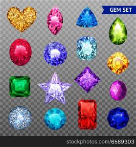 Colored realistic and isolated gemstones transparent icon set precious stones shimmer and shine vector illustration. Gemstones Transparent Icon Set