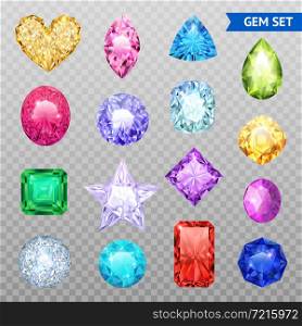 Colored realistic and isolated gemstones transparent icon set precious stones shimmer and shine vector illustration. Gemstones Transparent Icon Set