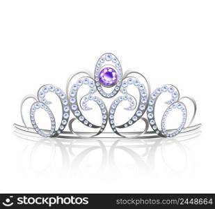 Colored realistic diadem silver inlaid with precious stones for princess and queen vector illustration. Colored Diadem Realistic