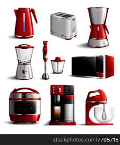 Colored realistic household kitchen appliances icon set with red elements and stylish type vector illustration. Realistic Household Kitchen Appliances Icon Set