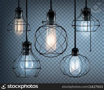 Colored realistic loft style lights icon set with glowing light bulbs on transparent background vector illustration. Loft Style Lights Icon Set