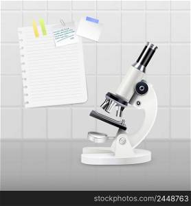 Colored realistic microscope composition white microscope stands on the table opposite the wall with stickers vector illustration. Colored Realistic Microscope Composition