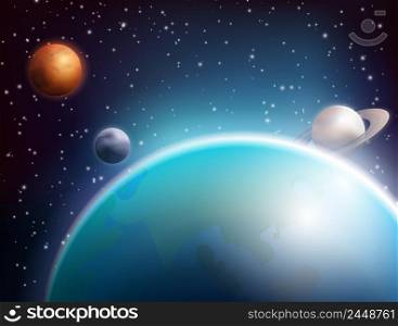 Colored realistic space background with planets in the infinite space of the cosmos vector illustration. Colored Space Background