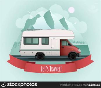 Colored recreational vehicle poster with red ribbon and let s travel description vector illustration. Recreational Vehicle Poster