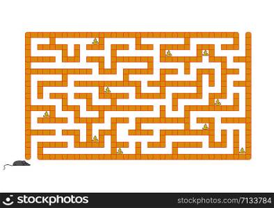 Colored rectangular labyrinth. Help the mouse to collect all the cheese. Game for kids. Puzzle for children. Maze conundrum. Flat vector illustration isolated on white background. Colored rectangular labyrinth. Help the mouse to collect all the cheese. Game for kids. Puzzle for children. Maze conundrum. Flat vector illustration isolated on white background.