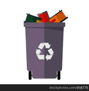 colored recycle waste bins vector illustration, Waste types segregation recycling vector illustration. batteries, light bulbs.