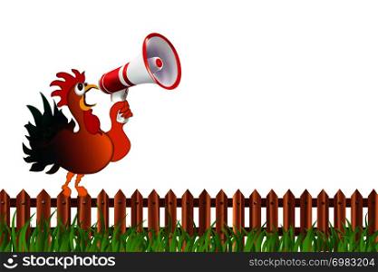Colored rooster screaming in a megaphone. Humorous vector isolated illustration