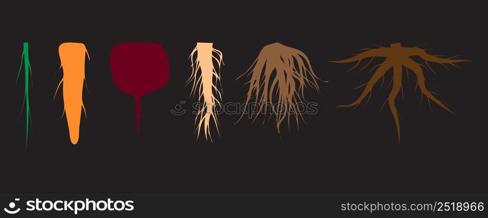 colored roots on a black background. Floral branch. Vector illustration. Stock image.