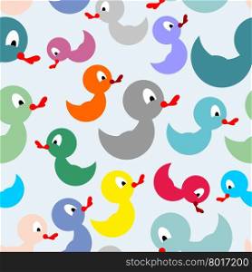 Colored rubber duck for bathing seamless pattern. Vector background of childrens toys for bath.&#xA;