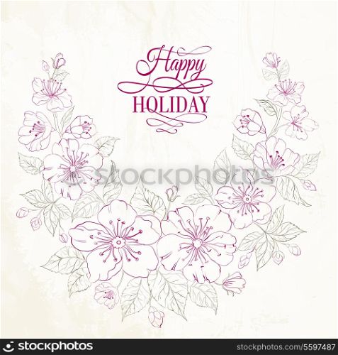 Colored sakura flowers isolated over sepia. Vector illustration.