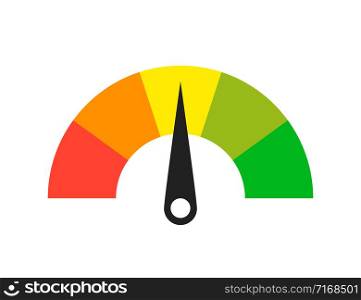 Colored scale. Gauge. Indicator with different colors. Measuring device tachometer speedometer indicator. Vector isolated illustration. EPS 10