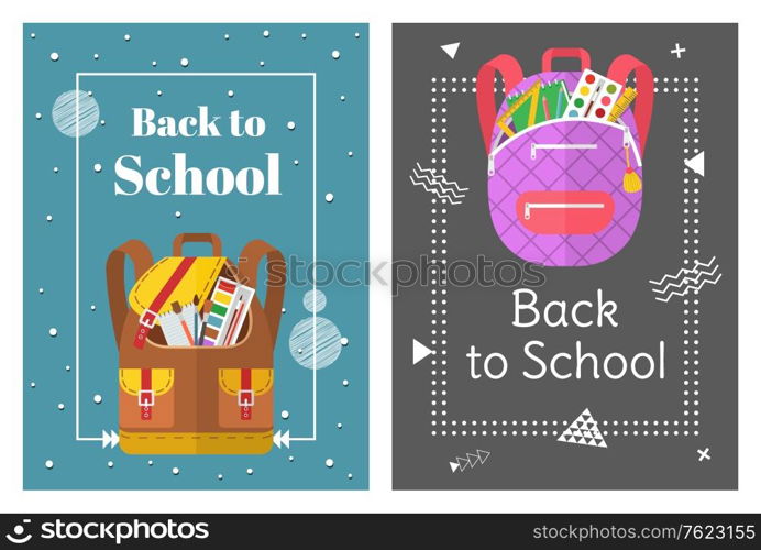 Colored school backpack. Education and study back to school, schoolbag luggage, rucksack vector illustration. Kids school bag with education equipment. Backpacks with study supplies. Student satchels. Colored School Backpack Back to School