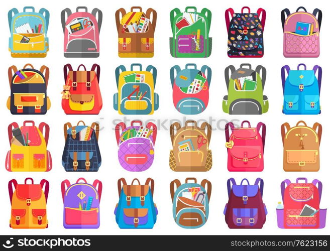 Colored school backpack. Education and study back to school, schoolbag luggage, rucksack vector illustration. Kids school bag with education equipment. Backpacks with study supplies. Student satchels. Colored School Backpack Back to School