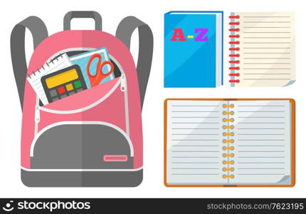 Colored school backpack. Education and study back to school, schoolbag luggage, rucksack vector illustration. Kids school bag with education equipment. Backpacks with study supplies. Student satchels. Colored School Backpack Back to School