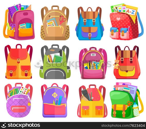 Colored school backpack. Education and study back to school, schoolbag luggage, rucksack vector illustration. Kids school bag with education equipment. Backpacks with study supplies. Student satchels. Colored School Backpack Back to School