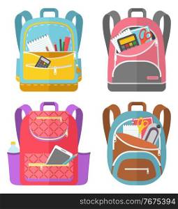 Colored school backpack. Education and study back to school, schoolbag luggage, rucksack vector illustration. Kids school bag with education equipment. Backpacks with study supplies. Student satchels. Colored School Backpack Back to School
