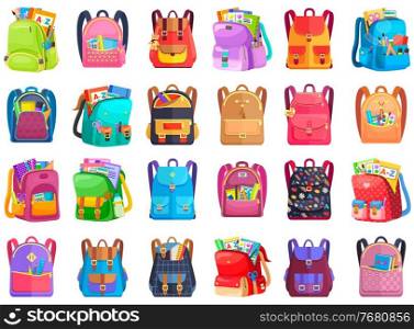 Colored school backpack. Education and study back to school, schoolbag luggage, rucksack vector illustration. Kids school bag with education equipment. Backpacks with study supplies. Student satchels. Colored School Backpack Back to School, schoolbag luggage. Backpacks with study supplies