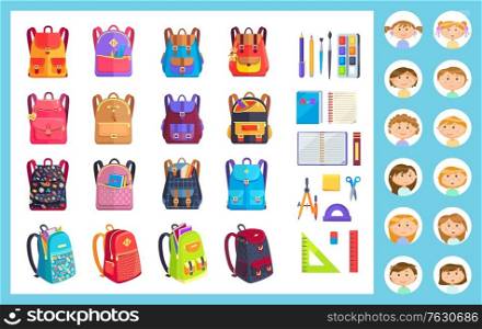 Colored school backpacks set, paint and tassel, notebook and ruler, dividers and pencil. Smiling face of girl and boy in round icon, back to school stickers. Vector illustration in flat style. Office Equipment, Girl and Boy and Backpack Vector