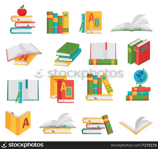 Colored school books icon set books in different positions in different colors and on different themes vector illustration. School Books Icon Set