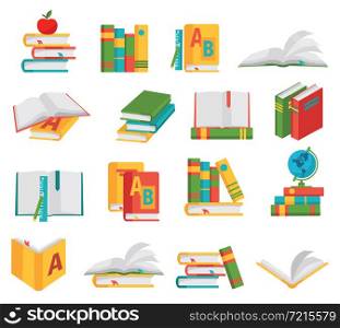 Colored school books icon set books in different positions in different colors and on different themes vector illustration. School Books Icon Set
