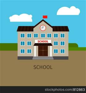 Colored school building with sky and clouds, vector illustration. Colored school building illustration