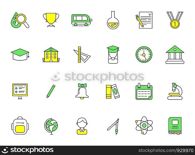 Colored school icons. Vector symbols of science. Illustration of school educational, study and lesson, globe and bell. Colored school icons. Vector symbols of science