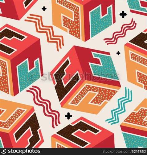 Colored seamless pattern. Bright geometric pattern in the Memphis style with abstract cubes. Background for your design, wallpaper, fabric, paper. Stock vector