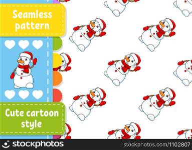 Colored seamless pattern. Christmas snowman in a hat and scarf waving. Cartoon style. New Year theme. Vector illustration isolated on white background.