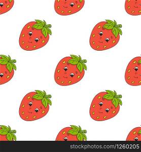 Colored seamless pattern with cute cartoon character. Simple flat vector illustration isolated on white background. Design wallpaper, fabric, wrapping paper, covers, websites.. Happy strawberry. Colored seamless pattern with cute cartoon character. Simple flat vector illustration isolated on white background. Design wallpaper, fabric, wrapping paper, covers, websites.