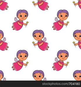 Colored seamless pattern with cute cartoon character. Simple flat vector illustration isolated on white background. Design wallpaper, fabric, wrapping paper, covers, websites.. Happy fairy. Colored seamless pattern with cute cartoon character. Simple flat vector illustration isolated on white background. Design wallpaper, fabric, wrapping paper, covers, websites.