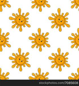 Colored seamless pattern with cute cartoon character. Simple flat vector illustration isolated on white background. Design wallpaper, fabric, wrapping paper, covers, websites.. Happy sun. Colored seamless pattern with cute cartoon character. Simple flat vector illustration isolated on white background. Design wallpaper, fabric, wrapping paper, covers, websites.