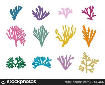 Colored seaweed set. Marine plant elements. Cartoon vector illustration on white background. 