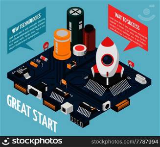 Colored semiconductor electronic components isometric rocket launch pad concept with great start way to success and new technologies descriptions vector illustration. Semiconductor Electronic Components Concept