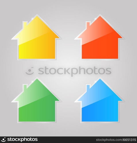 Colored shiny glass icons of private houses on a gray background. Vector illustration .. Colored shiny glass icons of private houses .