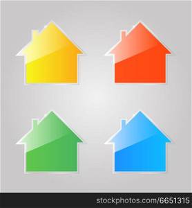 Colored shiny glass icons of private houses on a gray background. Vector illustration .. Colored shiny glass icons of private houses .