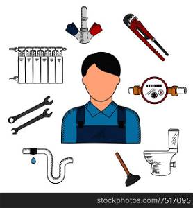 Colored sketch of plumber with hand tools and equipments such as adjustable wrench, spanners, water meter, plunger, toilet, water faucet, pipe with leak and heating radiator. Use as service industry professions symbol or plumber tools design. Plumber sketch icon with hand tools and equipments