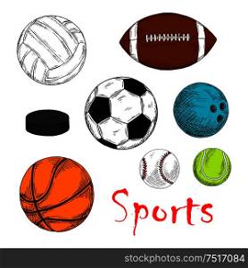 Colored sketch of sporting items for team games with ice hockey pucks and balls for soccer or football, baseball, rugby, volleyball, basketball and bowling. May be use as sporting club mascot or competition design. Sporting items for team games colored sketches