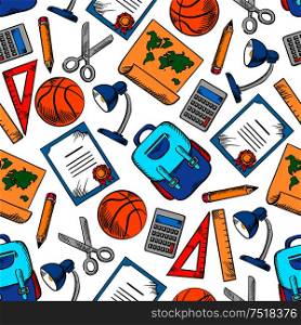 Colored sketched seamless school supplies and sporting items pattern on white background with pencils, rulers, calculators, school bags, basketball balls, scissors, world maps, desk lamps and diplomas. School supplies, sporting items seamless pattern