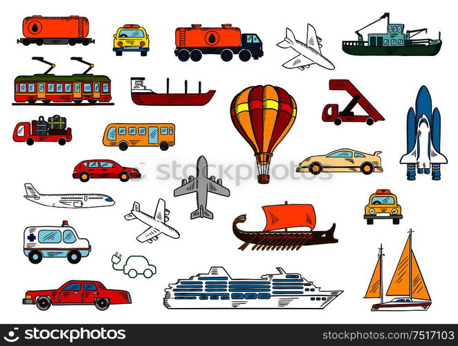 Colored sketches of various modes of transportation with cars and taxi, airplanes, ambulance, bus, fishing boat and yacht, railroad tank car and tanker truck, electric train and car, cruise liner, hot air balloon, baggage truck and passenger stairs, space shuttle and ancient greek galley. Road, air, railroad, water transportation symbols