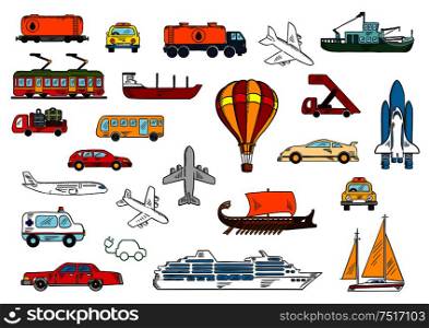 Colored sketches of various modes of transportation with cars and taxi, airplanes, ambulance, bus, fishing boat and yacht, railroad tank car and tanker truck, electric train and car, cruise liner, hot air balloon, baggage truck and passenger stairs, space shuttle and ancient greek galley. Road, air, railroad, water transportation symbols